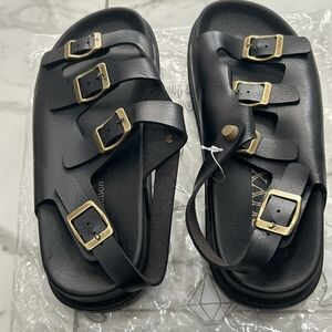 Black Triple‑Strap Buckle Sandals with Gold Hardware